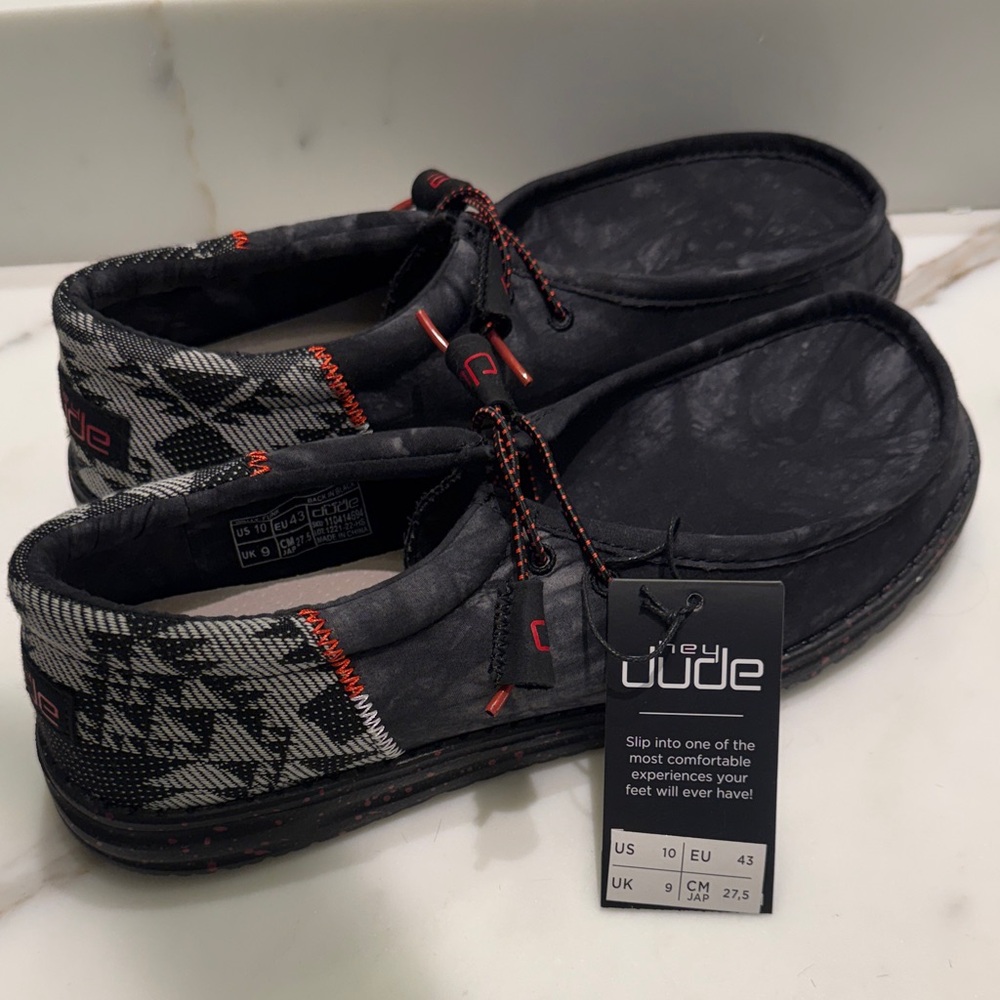 Hey Dude Men's Black Slip-Ons with Red Details